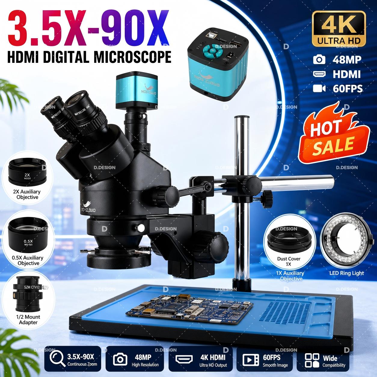 Simul-Focal Industrial Microscope 4K Hdmi - 3.5X-100X Endüstriyel Laboratuvar Simul Odaklı Ayarlanabilir